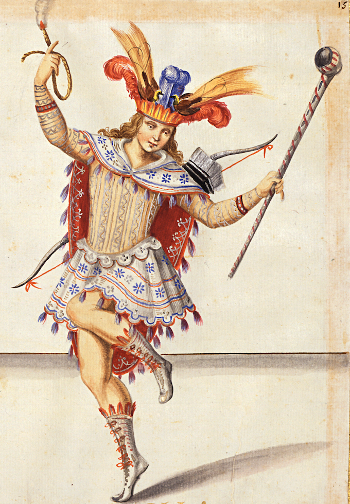 Colour drawing showing a costumed figure dancing, holding a smoking wick in one hand and a long, silver pipe in the other. The figure wears a feathered headdress, a patterned tunic with red and blue detailing, and short skirt with decorative trim, along with high boots. A bow and quiver are slung across the back. The figure is shown mid-step against a plain, lightly shaded background.