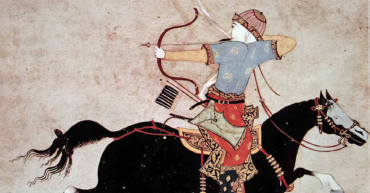 Illustration of an archer in historical attire riding a black horse while drawing a bow and aiming an arrow backward.