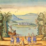 Colour drawing of a staged theatrical scene framed by two symmetrical classical structures with niches containing gilded statues, flanked by trees. At the centre, a painted backdrop shows an island within an archipelago, with a visible settlement; in the foreground, a vessel approaches the shore. Four figures stand before the backdrop holding branches and other objects. The composition is enclosed within a thin rectangular gold border.