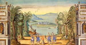 Colour drawing of a staged theatrical scene framed by two symmetrical classical structures with niches containing gilded statues, flanked by trees. At the centre, a painted backdrop shows an island within an archipelago, with a visible settlement; in the foreground, a vessel approaches the shore. Four figures stand before the backdrop holding branches and other objects. The composition is enclosed within a thin rectangular gold border.