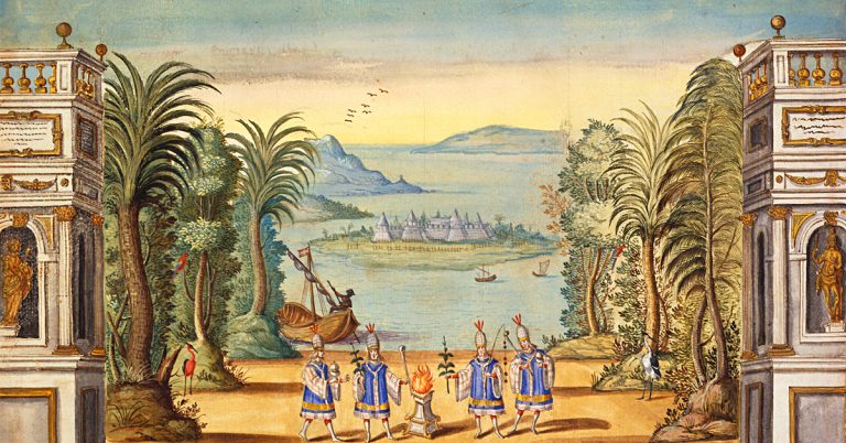 Colour drawing of a staged theatrical scene framed by two symmetrical classical structures with niches containing gilded statues, flanked by trees. At the centre, a painted backdrop shows an island within an archipelago, with a visible settlement; in the foreground, a vessel approaches the shore. Four figures stand before the backdrop holding branches and other objects. The composition is enclosed within a thin rectangular gold border.