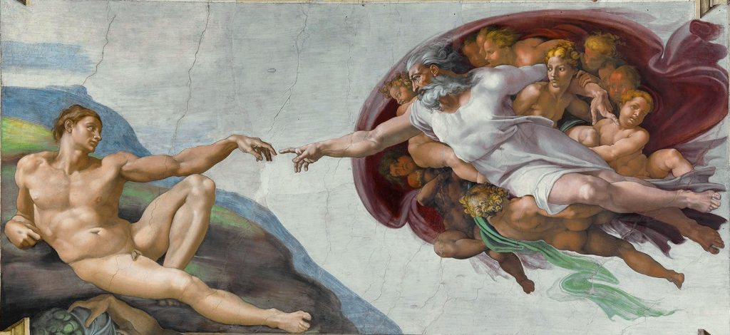 Painting of the figure of God reaching its hand out towards that of Adam, the first man.