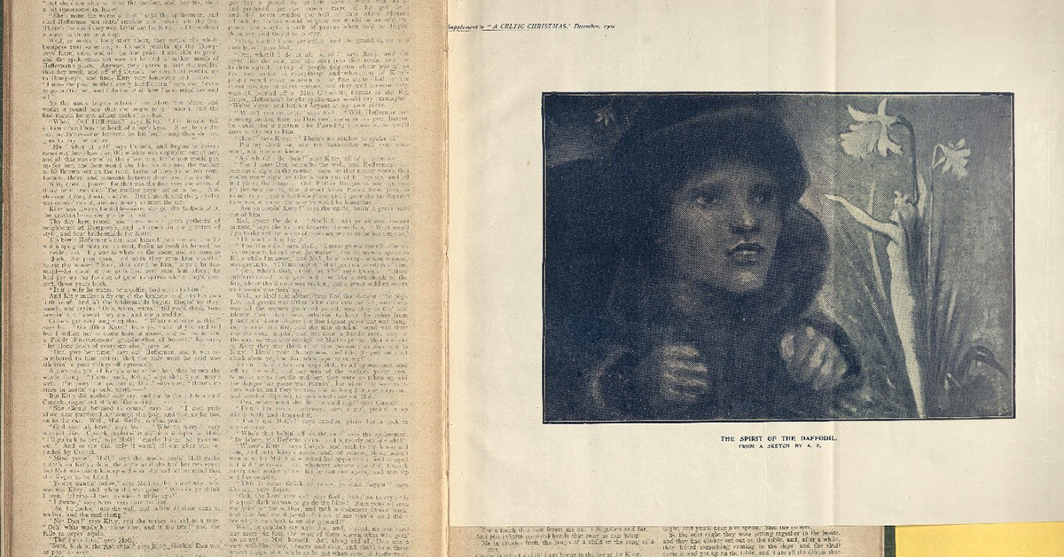 o Reproduction of a sketch bound in the pages of the periodical issue. On the left the artwork represents a human figure crouched down on the grass and looking at a smaller-size, nymph-like female figure standing on the right beside two daffodils (the titular Spirit of the Daffodil). Of the observer mainly his head and hands are visible and are painted in darker tones. Hues for the daffodil nymph are lighter and brighter.