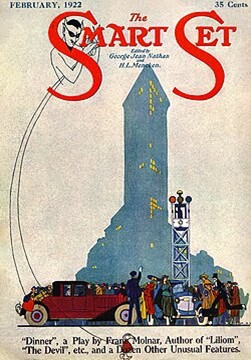 o Cover image of The Smart Set magazine, February 1922, priced at 35 cents. Large red letters spelling “SMART SET” dominate the top of the page. A stylised black-masked figure is perched within the first letter “S,” holding a bow and arrow. Below, a tall blue skyscraper rises in the background with glowing yellow windows. At street level, a crowd of people in 1920s fashion gather around two vintage automobiles – one red and one blue – while a uniformed traffic officer stands between them. A decorative traffic signal tower appears on the right. The illustration uses muted blues and creams accented by vivid red lettering, creating an Art Deco–influenced city scene.