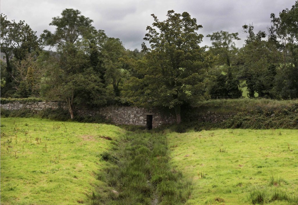 A grassy field stretches out. The grass is bright green and lush. A low stone wall runs across the middle ground, with a small, dark opening or doorway in the wall. The wall is made of rough, gray stones. Deciduous trees of various sizes and shades of green form a line bordering the field. The trees are densely packed in the background, and the overcast sky is visible above. A narrow ditch or waterway runs through the field, partially lined with low-lying vegetation. The overall impression is one of a rural, somewhat historical, landscape on a cloudy day.