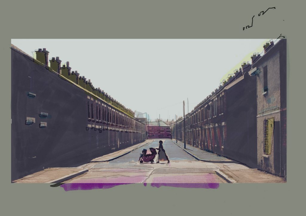 This collage and tracing artwork depicts a symmetrical urban street lined with rows of post-industrial terraced houses in muted tones, typical of the UK or Ireland. Repeating chimneys in blocky green and black strokes crown the rooftops, while simplified facades strip away detail. At the center, a silhouetted adult pushes a buggy with a child along the pale road, leading to a red-brick wall that anchors the vanishing point. A grey-green border frames the piece, marked with hand-drawn notations, while a pale lavender wash at the bottom adds a painterly quality. The overall mood is quiet, contemplative, and stark.