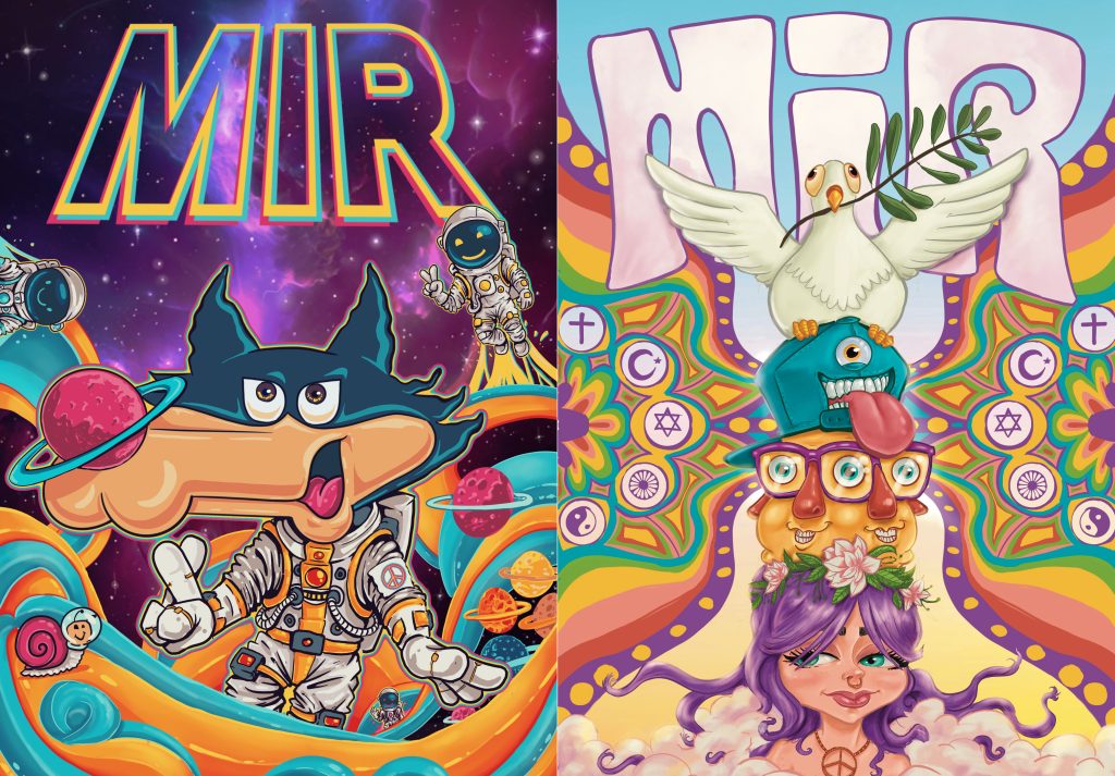 The image shows a diptych of two vibrant, psychedelic artworks side-by-side, both featuring the word MIR (Peace in Bosnian) at the top. The left panel depicts a cartoonish dog-like astronaut with wide eyes and a large mouth, floating amid swirling cosmic elements and a smaller astronaut observing. The right panel presents a spiritual scene: a white dove with an olive branch atop a stack of whimsical characters, including a girl with purple hair and three-eyed creatures. Religious symbols subtly appear in the psychedelic background. Both share bold outlines and vivid colors but contrast space adventure with peace and unity themes.