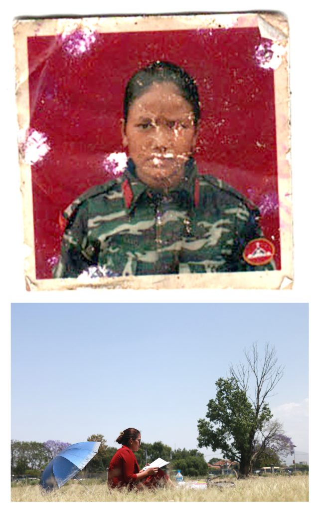 In this diptych the top image shows an old, damaged passport photography of a young Asian woman in military uniform. The woman is situated infront of a slightly muted reddish-brown background. Her expression is neutral. In the image below is an outdoor scene in which a woman is seated in grassy field under a light-blue umbrella. She is dressed in a maroon-red top and is engaged in reading a light-colored book. The scene is bright, with a clear blue sky and some trees in the background.