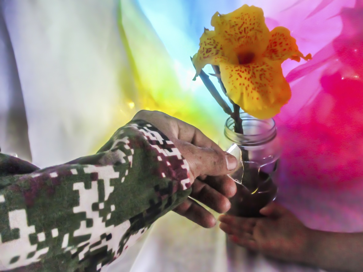 The photograph shows a close-up of a hand holding a shard of glass, reaching toward a cracked jar containing earth and a large tropical yellow flower. The jar, held by another hand with an open palm beneath it, remains intact despite its damage. The first hand, entering from the left, wears an army camouflage sleeve. Behind the jar, vibrant lighting transforms a plain white draped background into a rainbow gradient, shifting from pink to blue to yellow. The composition focuses on the interaction between the hands, the fragile jar, and the bright bloom, contrasting themes of fragility, resilience, and vivid beauty.