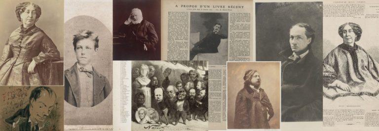Several sepia-toned portraits of individuals are arranged in a collage. Some images show people in formal clothing, while others are caricatures. There are also sections of printed text and newspaper articles, with one featuring a large headline and columns of text. The overall layout combines photographs, drawings, and written material, creating a historical and literary atmosphere.
