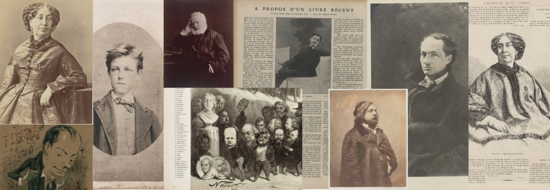Several sepia-toned portraits of individuals are arranged in a collage. Some images show people in formal clothing, while others are caricatures. There are also sections of printed text and newspaper articles, with one featuring a large headline and columns of text. The overall layout combines photographs, drawings, and written material, creating a historical and literary atmosphere.